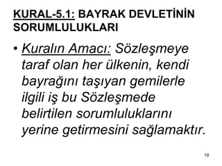 KURAL-5.1: BAYRAK DEVLETİNİN
SORUMLULUKLARI
• Kuralın Amacı: Sözleşmeye
  taraf olan her ülkenin, kendi
  bayrağını taşıyan gemilerle
  ilgili iş bu Sözleşmede
  belirtilen sorumluluklarını
  yerine getirmesini sağlamaktır.
                                19
 