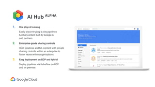 AI Hub ALPHA
1. One stop AI catalog
Easily discover plug & play pipelines
& other content built by Google AI
and partners.
2. Enterprise-grade sharing controls
Host pipelines and ML content with private
sharing controls within an enterprise to
foster reuse within organizations.
3. Easy deployment on GCP and hybrid
Deploy pipelines via Kubeflow on GCP
and on premise.
 