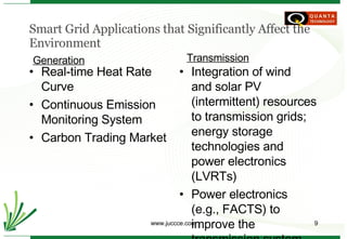 Smart Grid Applications that Significantly Affect the Environment Real-time Heat Rate Curve Continuous Emission Monitoring System Carbon Trading Market Integration of wind  and solar PV (intermittent) resources to transmission grids; energy storage technologies and power electronics (LVRTs) Power electronics (e.g., FACTS) to improve the transmission system efficiency  Generation Transmission 