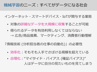 機械学習のニーズ：すべてがデータになる社会
インターネット・スマートデバイス・IoTが関与する業態
• 対象の詳細なデータを⼤大規模に収集することが可能  
• 得られるデータを有効利利⽤用しなくてはならない 
→  広告/商品推薦、マーケティング、消費者⾏行行動理理解
「情報技術  (分析担当者の仕事の⾃自動化)」の必要性
• 効率率率化：そもそも⼈人⼿手でさばける規模を超えている  
• 合理理化：“マイサイド・バイアス  (確証バイアス)” 
 　 　 　 　⼈人はデータに⾃自分の⾒見見たいものを⾒見見てしまう
 