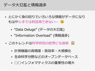 データ⼤大氾濫濫と情報過多
• このトレンドは科学研究の世界にも到来
• とにかく⾝身の回りでいろいろな情報がデータになり 
もはや⼈人⼿手では利利活⽤用できない…
• “Data  Deluge”  (データの⼤大氾濫濫)  
• ”Information  Overload”  (情報過多)
😫
😱
• 計測機器の⾼高精度度・⾼高効率率率・⼤大規模化  
• ⽣生命科学分野などのオープンデータベース  
• ◯◯インフォマティクスの重要性の増⼤大
 