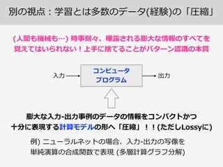別の視点：学習とは多数のデータ(経験)の「圧縮」
(⼈人間も機械も…)  時事刻々、曝露露される膨⼤大な情報のすべてを
覚えてはいられない！上⼿手に捨てることがパターン認識識の本質
コンピュータ  
プログラム
⼊入⼒力力 出⼒力力
膨⼤大な⼊入⼒力力-‐‑‒出⼒力力事例例のデータの情報をコンパクトかつ 
⼗十分に表現する計算モデルの形へ「圧縮」！！(ただしLossyに)
例例)  ニューラルネットの場合、⼊入⼒力力-‐‑‒出⼒力力の写像を  
単純演算の合成関数で表現  (多層計算グラフ分解)
 