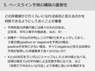 4.  Cross  Validationにより学習結果を評価する
ハイパーパラメタ調整の判定の意味に注意！
… …
訓練集合 テスト集合
CVでは下記の分割を何度度かやって平均  (確認集合がない)
予測モデル学習 予測
❌  このハイパーパラメタ値の良良し悪しの判定に「テスト集合」を使ってはダメ！ 
(もはや⼿手に⼊入らないはずのテスト集合を「学習」してることになりleakyな設定)
…
やるなら、訓練集合にさらに 
CVを適⽤用した検証でハイパー 
パラメタ値を決定！(Double  CV)
 