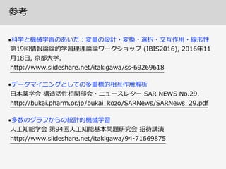 「機械学習(machine  learning)」とは？
経験(データ)から⾃自ら“学習”するようなコンピュータプログラム
を実現するための理理論論と技術
• ⼯工学技術として 
⽂文字/画像認識識、⾳音声認識識、機械翻訳、信号処理理、制御、商品推薦等  
• 応⽤用数学として 
⼿手法の定式化・体系化、性質分析、効率率率改善、収束や精度度の保証  
• 分析哲学として 
⼈人⼯工知能とは、学習とは、認識識とは、我々(脳)の⾼高次機能とは、…
(個⼈人的⾒見見解)  主に３つの側⾯面/⾯面⽩白さがある
「知識識、認知、⾔言語、運動など、我々はなぜ有限回の経験で 
 　何かを学習できる(できた気になる)のだろうか?」
⻑⾧長期的関⼼心：
 