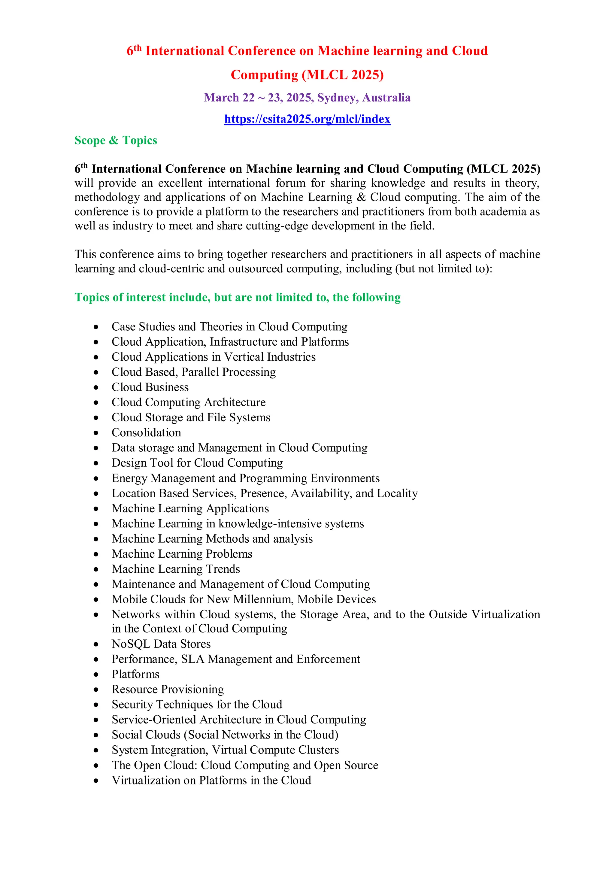 Call for Papers 6th International Conference on Machine learning and