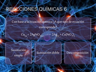 REACCIONES QUÍMICAS 6
Conbase a la ecuaciónquímica ¿A quetipo de ecuación
corresponde?
Cu(s)+ 2AgNO3(ac) 2Ag(s)+ Cu(NO3)2
Sustitución
simple
Sustitucióndoble Descomposición
 
