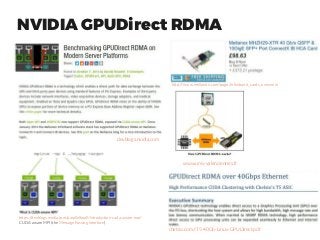 NVIDIA GPUDirect RDMA
devblogs.nvidia.com
chelsio.com//T5-40Gb-Linux-GPUDirect.pdf
www.univ-valenciennes.fr
http://www.mellanox.com/page/infiniband_cards_overview
https://devblogs.nvidia.com/parallelforall/introduction-cuda-aware-mpi/
CUDA-aware MPI (the Message Passing Interface)
 