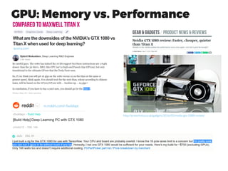 “CONSUMER” Shopping List Dual-CPU Single-CPU System→
~£500 cheaper
with single i7 CPU and the Asus X99-E Motherboard
XEON dual CPU Single i7 CPU
Single Xeon CPU, E5-16xx
~£425 cheaper
with single E5-16xx CPU and the Asus X99-E Motherboard
asus.com | CPU Support
~ £1,600 + £3,400 + (£400+£500) + £920 ~£6,800
base “consumer” CPU+MB Titan X
~£8,20~ £7,700-£425+ £920
8 x PCIe slots
→ 4 GPUs
8 x PCIe slots
→ 4 GPUs
~£40 difference to EEC RAM (per 64 GB) for i7 setup
 