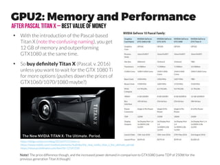 Shopping List 2nd
hand GPUs/PC
●
If you are tight on money, you could consider “renting” 2nd hand
GPUs by buying them from eBay and selling them away after some
while instead of using extensively cloud services. In the long-term
this is a lot more economical if you can manage the upfront cost.
reddit.com/r/MachineLearning:
[–]sentdex 1 point (6 August 2016)
Sure, gtx 980 was ~ 400ish USD used a year ago, ~300ish used today. Titan X maxwell is
currently $700-$750 used today, I expect it to be worth ~400-500 in a year from now. Certainly
not "worthless" as you put it. K80 at 0.56 per hour? That's $13 USD day, and $4,905.60 in a
year. That's pure loss, that money is gone.
If you go buy a new K80, that's $4,000 USD, but that's TWO K80 GPUs in one, where it seems
like Azure is splitting up the card, so really you're just getting half that, or a $2,000 value. Even if
you got the full $4,000 value, in a year, you've paid an extra $1,000, even if the value of the card
is worthless as you put it by the end of the year.
It wont be worthless after a year, however, the card will likely be more like $2000 USD used. So,
after a year, you can either spend $4,905 (or, what looks more like double that, since Azure is
selling half the K80 at a time since it's 2 GPUs, so more like $9,810), or you can spend $2,000
USD + electricity. That's if you buy new.
Buy used, and then we're compared the likely $9,810 to say a card you buy for $2,000 and then
sell a year later for $1500, losing $500. You can also buy K80s right now used for 3K usd. I could
be wrong on the calc, I didn't see prices, but in their table they claim a K80 gpu as being really
the half of a K80 gpu since it's a dual GPU card. These are major differences here. While Azure is
better than AWS, it's still massively more expensive. If cost is your main concern, buy used, sell
used.
If you only train models once in a while, then cloud might actually be a great place to be, rather
than buying a card. If you are continually training though, just doesn't make much sense.
r4and0muser9482 1 point 4 days ago 
If yuou buy used and use it, it's practically worthless 
when you want to sell it. You either buy new and sell 
used or buy used and throw into the bin. On the other 
hand, most people buy new and use until it's 
worthless. You don't change graphic cards every 6 
months.
sentdex 2 points 4 days ago 
Why is it practically useless when you want to sell it? 
I've been buying processors and GPUs for years, 
running them nearly 24/7, and then selling after about 
a year.
Haven't experienced this "useless" thing you're 
talking about. Maybe you don't change graphics 
cards often, but you can, and it's far cheaper than 
buying cloud computing.
r4and0muser9482 1 point 4 days ago 
Well, I may be unexperienced. Why don't you give 
some examples?
I do buy quite a bit of hardware, but I'm more of a buy-
new-throw-away kind of person.
 