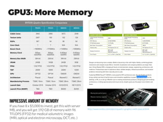 Shopping List Cutting costs?
●
For NVIDIA GPUs, you don't have in practice an
alternative from AMD, very limited use for deep learning
with Radeon GPUs and OpenCL.
•
amd/OpenCL-caffe
•
OpenCL / AMD: Deep Learning
•
Deep Learning on OpenCL
– reddit.com/r/MachineLearning | OpenCL and AMD
●
For further savings, you can look for new or 2nd hand AMD Opteron
CPUs that are designed as competitors for Intel Xeon range
hpcwire.com/2015/05/0
7
Advantages of Opterons
- Significantly lessexpensive than anywhere near similar Xeons, especially the
quad-CPU-capable Opteron 6200s vs. the quad-CPU-capable Xeon E5-4xxx
or E7-4xxx CPUs.
- Opterons are sold by core count and clock speed, everything else (feature
set, cache size, RAM speed, bus speed) is identical between processors in the
same model line. There are no "crippled" Opterons. Not so with Xeons, only
the really expensive ones are "fully functional" with full-speed buses, full-
speed memory controllers, all of the whiz-bang features enabled, the full
amount of cache, etc.
- Performs much better than a similarly priced Xeon CPU especially using
Linux or any other non-Windows OS, and especially on multithreaded code.
- AMD tends to support a CPU socket for more than 1-2 generations, so if
you buy an AMD server board, you are more likely to be able to upgrade the
CPU for a longer period of time without shelling out for a new board.
- Boards tend to be a little less expensive than equivalent Intel boards
- Greater supported memory bandwidth- all Opterons support up to DDR3-
1866, while no Xeon can support more than DDR3-1600, and many multi-
CPU ones only support DDR3-1333.
- Lower power consumption with quad-socket CPUs, especially the Opteron
6200s vs. Xeon E7s due to the latter's FB-DIMM2 on-motherboard memory
buffers.
Advantages of Xeons
- Somewhat greater selection of motherboards available
- Better single-threaded performance than Opterons, especially with legacy
Windows applications
- Can scale up to 8 CPU systems (E7-8xxx) whereas current Opterons only
support up to 4 CPU systems.
- 8 CPU Xeon E7s can support more RAM per board than 4 CPU Opteron
setups.
- Nobody ever got in trouble for buying Intel. Buying from the 800 lb
gorilla of the market allows the IT peon to shift the blame from themselves
if anything goes wrong. Buying from somebody other than the 800 lb
gorilla in the field invites personal criticism and blame if anything goes
wrong even if saves the CFO a bundle.
http://www.tomshardware.co.uk/forum/343718-28-xeon-opteron-comparison
PASSMARK | Multiple CPU Systems
[Dual CPU] AMD Opteron 6276, 10947 CPU Mark, £140
[Quad CPU] AMD Opteron 6276, 15342 CPU Mark, £280
[Dual CPU] Intel Xeon E5-2620 v4 , 17655 CPU Mark, £920
Rather good performance for the price
supermicro.com/Aplus/motherboard/Opteron6000/
See “Quad Xeon vs Opteron, Zemax OpticStudio”
by Dr Donald Kinghorn of Puget Systems
 