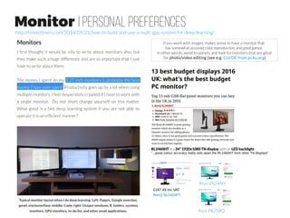 Budget change with SERVER Motherboards
●
ESC8000 G3 comes with a ASUS Z10PG-D24 Server
Board, and the power source so we can reduce the cost
of workstation MB (~£500), case (£100) and power
supply (~£250)
– Excluding the 3.5” HDDs which have no space in
the case, and those need an external case or a
3U/4U NAS server. The case/MB itself can house 6
x 2.5 Sata III SSDs, and one M.2 SSD.
~(£3,330 - 850), thus £2.450 more
expensive build than the “consumer
options”
●
“CSE-747TQ-R1620B chassis + X10DRG-
Q MB” comes with power source so we can
reduce the cost of workstation MB (~£500) ,
case (£100), and power supply (~£250)
– 8x 3.5" Hot-swap SAS/SATA HDDs
– 11x Full-height, Full-length expansion
slots optimized for 4x double width
GPU solution
Supermicro X10DRG-Q
~£390
~(£1,150 - 850), thus £300
more expensive build than the
“consumerdual XEON options”
~ £7,800 + £300
= ~£8.100
4th
Titan-X
~£8,100 + £920 =
~£9,000
 