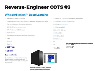 Hard Drives
https://www.scan.co.uk/3xs/configurator/nvidia-deep-learning-box--3xs-g10
Three types of HDDs:
1) Sata 6Gb/s SSD
- For OS (e.g. Ubuntu 14.04)
2) M.2 SSD
- The fastest (seek times, and
write/read speeds). Use for
caching data sets read from
“spinning HDDs” → improves
RAID performance
3) “Spinning old school” HDDs
- For data storage
1
2
3
Western Digital Red Pro
Prices (Aug 2016), 7200 rpm
2 TB £120 £60/TB
3 TB £135 £45/TB
4 TB £199 £50/TB
6 TB £213 £36/TB
8 TB £430 £54/TB
3
Samsung 850 Pro SSD
Prices (Aug 2016), Sata III
1024 GB = 1 TB
120GB £70 £597/TB
250GB £110 £451/TB
500GB £175 £358/TB
1 TB £337 £337/TB
2 TB £734 £367/TB
1
 