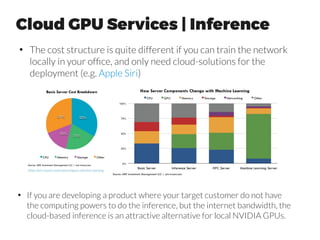 PSU Details in practice
●
You need to check that the maximum power output is sufficient for
your chosen components, with the GPUs being the most power-hungry:
– 4 x 250W GPU + 2 x 85W Dual-CPU = 1,170 W already under full
load nominally, Add 100-300W for power spikes.
●
Second thing is to check whether there are connectors for all of your
GPUs:
– Easier also if you have single cable with all the GPU-side
connectors (6+2 + 6 pin cable)
●
Third thing is the power efficiency which comes in different classes.
UK Electricity Price 8,760 hours ina year 1.3 kW high estimate
0.09806 £/kWh (+20% VAT)
11,388 kWh at full ~1.3 kW load → £1,116 a year (100% efficiency)
12,114 kWh at full ~1.3 kW load → £1,188 a year (94% efficiency), 80 Plus
Titanium
12,378 kWh at full ~1.3 kW load → £1,213 a year (92% efficiency), 80 Plus
Platinum
13,090 kWh at full ~1.3 kW load → £1,288 a year (87% efficiency), 80 Plus Gold
14,235 kWh at full ~1.3 kW load → £1,395 a year (80% efficiency), 80 Plus
18,980 kWh at full ~1.3 kW load → £1,861 a year (60% efficiency)
So if you run the machine all the time at full load, you will save £183 per year
(excl. VAT) in your electricity bill when going from 80 Plus to 80 Plus
Platinum. Most likely you won't be running all the time so the saving will be
extremetech.com
Titan X
8pin+6pin
GTX1080
8pin
 