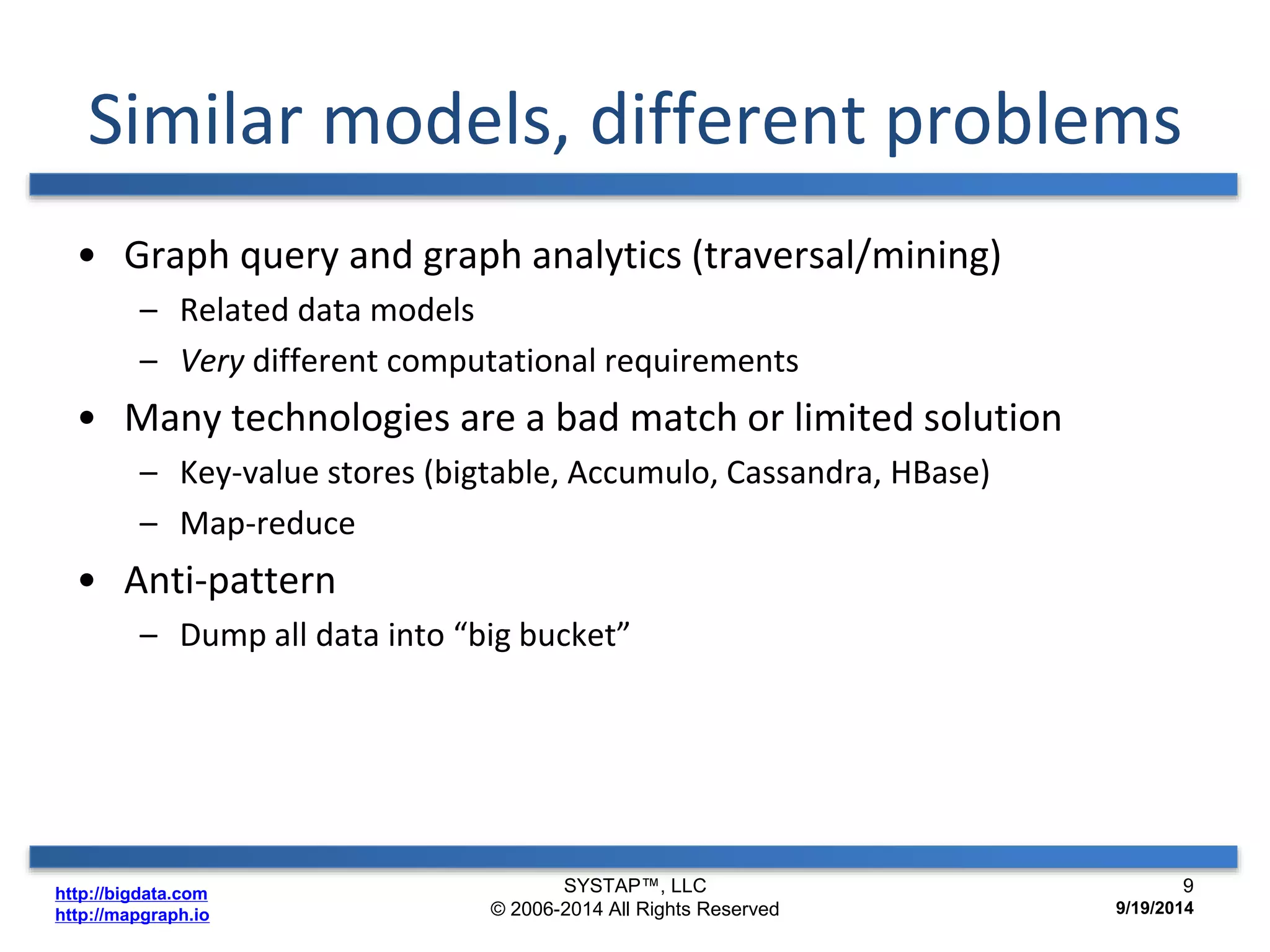 Similar models, different problems 
• Graph query and graph analytics (traversal/mining) 
– Related data models 
– Very different computational requirements 
• Many technologies are a bad match or limited solution 
– Key-value stores (bigtable, Accumulo, Cassandra, HBase) 
– Map-reduce 
• Anti-pattern 
– Dump all data into “big bucket” 
http://bigdata.com 
http://mapgraph.io 
SYSTAP™, LLC 
© 2006-2014 All Rights Reserved 
9 
9/19/2014 
 
