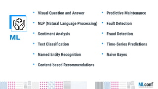 ML
• Visual Question and Answer
• NLP (Natural Language Processing)
• Sentiment Analysis
• Text Classiﬁcation
• Named Entity Recognition
• Content-based Recommendations
• Predictive Maintenance
• Fault Detection
• Fraud Detection
• Time-Series Predictions
• Naive Bayes
 