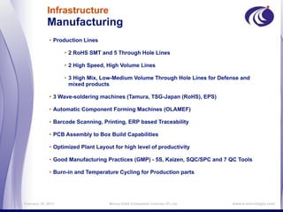 Infrastructure
             Manufacturing
              • Production Lines

                    • 2 RoHS SMT and 5 Through Hole Lines

                    • 2 High Speed, High Volume Lines

                    • 3 High Mix, Low-Medium Volume Through Hole Lines for Defense and
                      mixed products

              • 3 Wave-soldering machines (Tamura, TSG-Japan (RoHS), EPS)

              • Automatic Component Forming Machines (OLAMEF)

              • Barcode Scanning, Printing, ERP based Traceability

              • PCB Assembly to Box Build Capabilities

              • Optimized Plant Layout for high level of productivity

              • Good Manufacturing Practices (GMP) - 5S, Kaizen, SQC/SPC and 7 QC Tools

              • Burn-in and Temperature Cycling for Production parts




February 16, 2011                    MicroLOGIX Embedded Controls (P) Ltd.,    www.e-micrologix.com
 