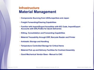 Infrastructure
                    Material Management
                    • Components Sourcing from US/Europe/Asia and Japan

                    • Freight Forwarding/Clearing Capabilities

                    • Familiar with Import/Export formalities with IEC Code, Import/Export
                      Accounts with DHL/FedEx for Quick Deliveries

                    • Kitting, Consolidation and Forwarding Capabilities

                    • Material Traceability through ERP, Barcode Reader and Printer

                    • Antistatic Storage and Handling

                    • Temperature Controlled Storage for Critical Items

                    • Material Pick up and Delivery Facilities for Contract Assembly

                    • Good Mechanical Vendor Base - Manual to CNC




February 16, 2011                      MicroLOGIX Embedded Controls (P) Ltd.,          www.e-micrologix.com
 
