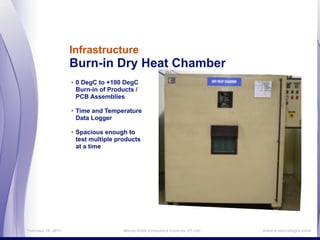 Infrastructure
                    Burn-in Dry Heat Chamber
                    • 0 DegC to +100 DegC
                      Burn-in of Products /
                      PCB Assemblies

                    • Time and Temperature
                      Data Logger

                    • Spacious enough to
                      test multiple products
                      at a time




February 16, 2011                     MicroLOGIX Embedded Controls (P) Ltd.,   www.e-micrologix.com
 