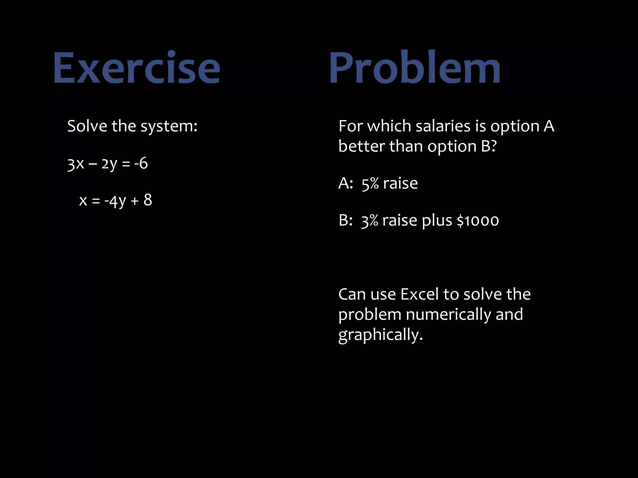 For which salaries is option A
better than option B?
A: 5% raise
B: 3% raise plus $1000
Can use Excel to solve the
problem numerically and
graphically.
Solve the system:
3x – 2y = -6
x = -4y + 8
Exercise Problem
 