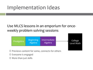 Implementation Ideas


Use MLCS lessons in an emporium for once-
weekly problem solving sessions

                   Beginning   Intermediate           College
    Prealgebra
                    Algebra       Algebra           Level Math


 0 Previews content for some, connects for others
 0 Everyone is engaged
 0 More than just skills
 