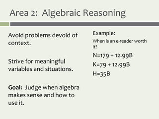 Area 2: Algebraic Reasoning

Avoid problems devoid of    Example:
context.                    When is an e-reader worth
                            it?
                            N=179 + 12.99B
Strive for meaningful       K=79 + 12.99B
variables and situations.
                            H=35B

Goal: Judge when algebra
makes sense and how to
use it.
 