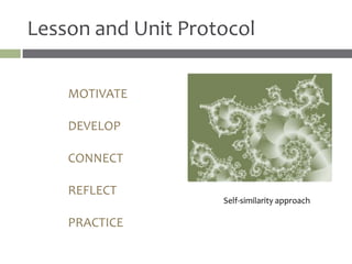 Lesson and Unit Protocol

    MOTIVATE

    DEVELOP

    CONNECT

    REFLECT
                    Self-similarity approach

    PRACTICE
 