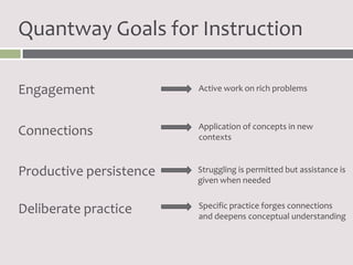 Quantway Goals for Instruction

Engagement               Active work on rich problems



                         Application of concepts in new
Connections              contexts



Productive persistence   Struggling is permitted but assistance is
                         given when needed

                         Specific practice forges connections
Deliberate practice      and deepens conceptual understanding
 