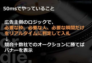 50msでやっていること
広告主側のロジックで、
必要な枠、必要な人、必要な瞬間だけ
をリアルタイムに判定して入札
↓
競合十数社でのオークションに勝てば
バナーを表示
 