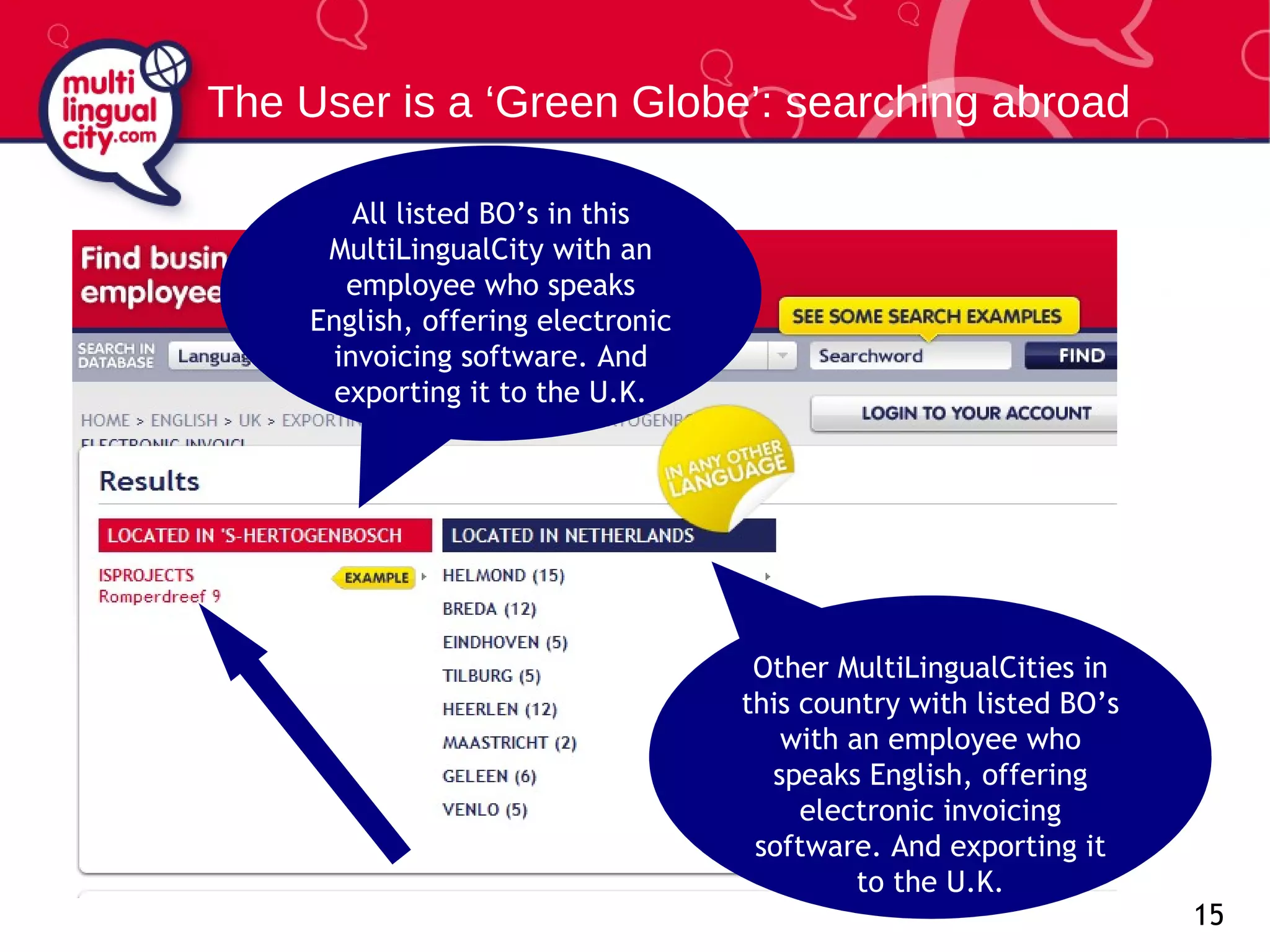 The User is a ‘Green Globe’: searching abroad All listed BO’s in this MultiLingualCity with an employee who speaks English, offering electronic invoicing software. And exporting it to the U.K. Other MultiLingualCities in this country with listed BO’s with an employee who speaks English, offering electronic invoicing software. And exporting it to the U.K. 