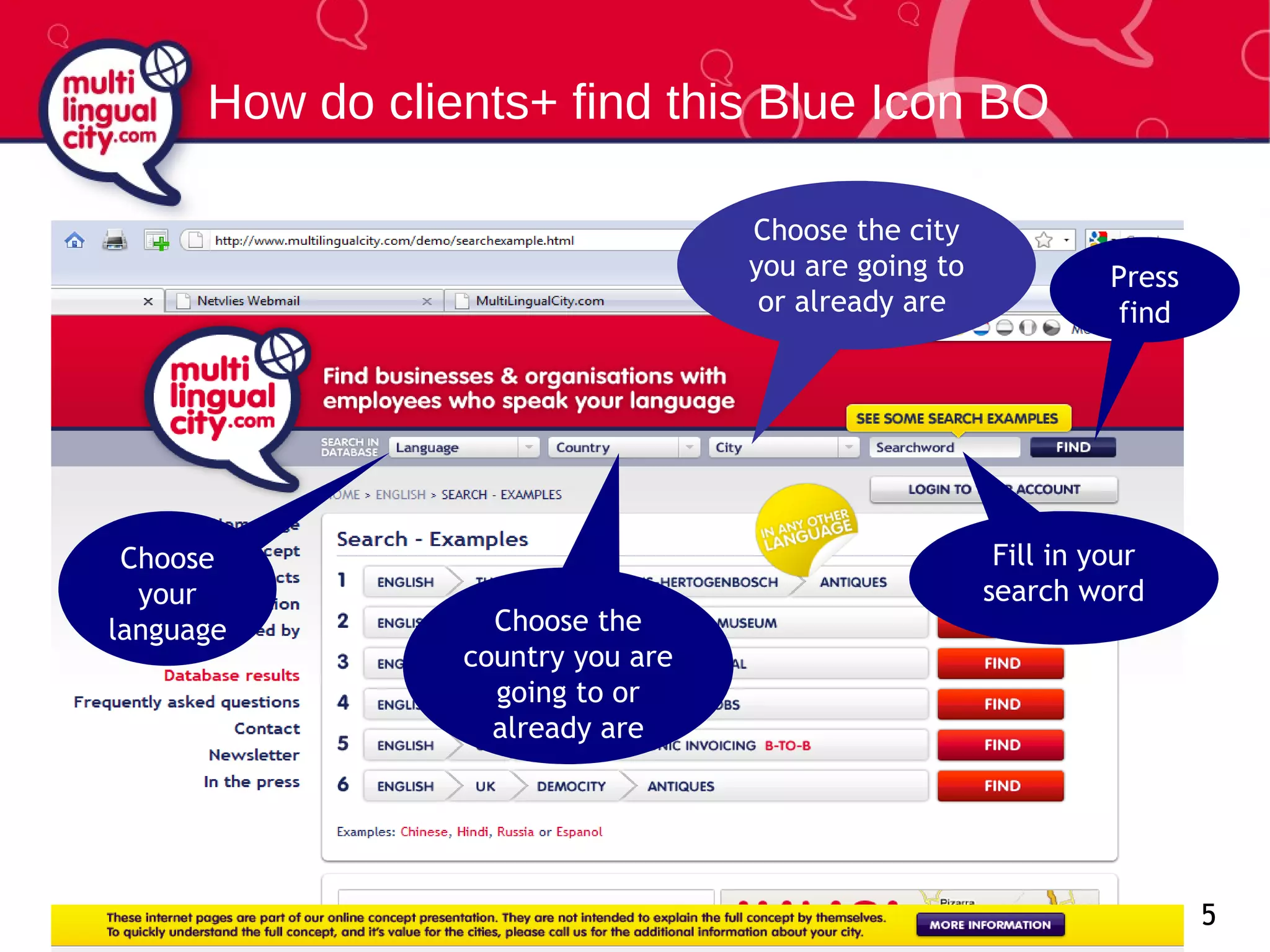 How do clients+ find this Blue Icon BO Choose   your language Choose the country you are going to or already are Choose the city you are going to or already are   Fill in your search word Press find 