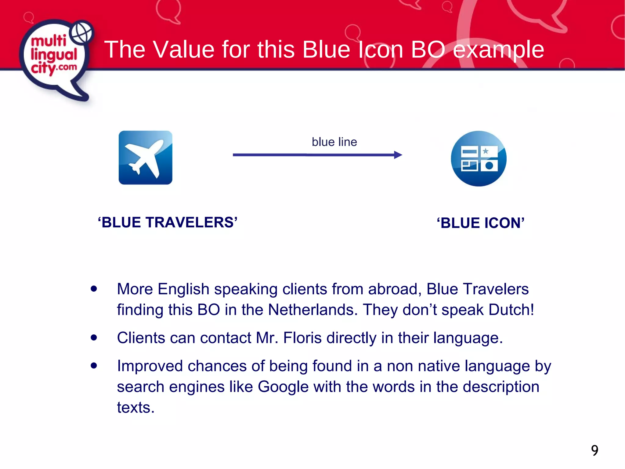 The Value for this Blue Icon BO example More English speaking clients from abroad, Blue Travelers finding this BO in   the Netherlands. They don’t speak Dutch! Clients can contact Mr. Floris directly in their language. Improved chances of being found in a non native language by search engines like Google with the words in the description texts. ‘ BLUE TRAVELERS’ ‘ BLUE ICON’ blue line 