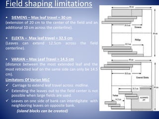 Field shaping limitations
• SIEMENS – Max leaf travel = 30 cm
(extension of 20 cm to the center of the field and an
additional 10 cm across the centerline).
• ELEKTA – Max leaf travel = 32.5 cm
(Leaves can extend 12.5cm across the field
centerline).
• VARIAN – Max Leaf Travel = 14.5 cm
(distance between the most extended leaf and the
most retracted leaf on the same side can only be 14.5
cm).
Limitatons Of Varian MLC
 Carriage to extend leaf travel across midline.
 Extending the leaves out to the field center is not
possible when large fields are used.
 Leaves on one side of bank can interdigitate with
neighboring leaves on opposite bank.
(island blocks can be created)
 