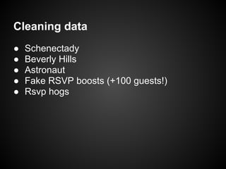 Cleaning data
● Schenectady
● Beverly Hills
● Astronaut
● Fake RSVP boosts (+100 guests!)
● Rsvp hogs
 