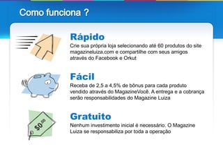 Rápido
Crie sua própria loja selecionando até 60 produtos do site
magazineluiza.com e compartilhe com seus amigos
através do Facebook e Orkut


Fácil
Receba de 2,5 a 4,5% de bônus para cada produto
vendido através do MagazineVocê. A entrega e a cobrança
serão responsabilidades do Magazine Luiza


Gratuito
Nenhum investimento inicial é necessário. O Magazine
Luiza se responsabiliza por toda a operação


                                                             32
 