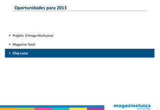 Oportunidades para 2013




 Projeto Entrega Multicanal

 Magazine Você

 Chip Luiza




                               34
 