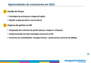 Oportunidades de crescimento em 2013

5 Gestão de Preços

   Estratégia de pricing por categoria/região
   Rápida reação perante à concorrência

6 Captura de ganhos no NE

   Integração dos sistemas de gestão (preço, margem e estoque)
   Implementação de toda estratégia comercial no NE
   Aumento da rentabilidade (margem bruta) – potencial de aumento de 400bps




                                                                               53
 