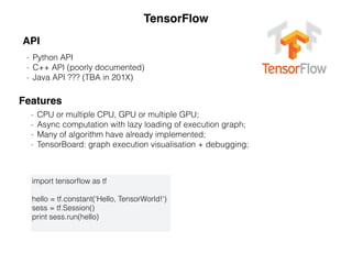 TensorFlow
- Python API
- C++ API (poorly documented)
- Java API ??? (TBA in 201X)
API
Features
- CPU or multiple CPU, GPU or multiple GPU;
- Async computation with lazy loading of execution graph;
- Many of algorithm have already implemented;
- TensorBoard: graph execution visualisation + debugging;
import tensorﬂow as tf
hello = tf.constant('Hello, TensorWorld!')
sess = tf.Session()
print sess.run(hello)
 