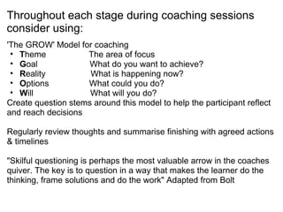 Throughout each stage during coaching sessions consider using: 'The GROW' Model for coaching T heme                  The area of focus G oal                      What do you want to achieve? R eality                   What is happening now? O ptions                 What could you do?          W ill                        What will you do? Create question stems around this model to help the participant reflect and reach decisions Regularly review thoughts and summarise finishing with agreed actions & timelines "Skilful questioning is perhaps the most valuable arrow in the coaches quiver. The key is to question in a way that makes the learner do the thinking, frame solutions and do the work" Adapted from Bolt 