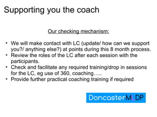 Supporting you the coach Our checking mechanism: We will make contact with LC (update/ how can we support you?/ anything else?) at points during this 8 month process. Review the roles of the LC after each session with the participants. Check and facilitate any required training/drop in sessions for the LC, eg use of 360, coaching….. Provide further practical coaching training if required  