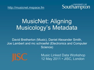 http://musicnet.mspace.fm MusicNet: Aligning Musicology’s Metadata  David Bretherton (Music), Daniel Alexander Smith, Joe Lambert and mc schraefel (Electronics and Computer Science) Music Linked Data Workshop 12 May 2011 • JISC, London 