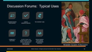 Discussion Forums: Typical Uses
25/03/2020 Matthew Deeprose - Managed Learning Environment (MLE) Team, iSolutions 19
SEMINAR BASED
DISCUSSION
CHECK
UNDERSTANDING
“NO-AGENDA” Q&A
COMMUNITY
BUILDING
“EVERYTHING YOU
WERE AFRAID TO ASK
ABOUT THE MODULE”
(ANONYMOUS
DISCUSSION)
GROUP-BASED
DISCUSSION
(BLACKBOARD
GROUPS)
Mirabello Cavalori A Discussion
 