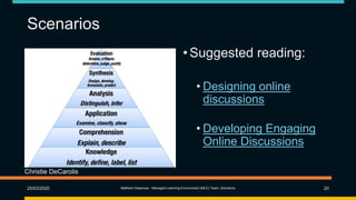 Scenarios
•Suggested reading:
• Designing online
discussions
• Developing Engaging
Online Discussions
25/03/2020 Matthew Deeprose - Managed Learning Environment (MLE) Team, iSolutions 20
Christie DeCarolis
 