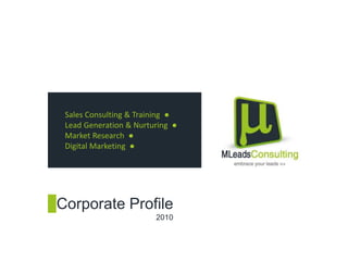 Sales Consulting & Training ●
Lead Generation & Nurturing ●
Market Research ●
Digital Marketing ●
Corporate Profile
2010
 