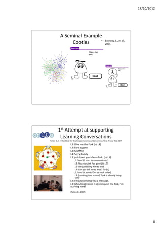 17/10/2012




             A Seminal Example
                  Cooties     •                                        Soloway, E., et al.,
                                                                       2001.




          1st Attempt at supporting
           Learning Conversations
Patten B., A C4 Toolkit for the Teaching and Learning of Concurrency, M.Sc. Thesis, TCD, 2007

                          L3: Give me the Fork [to L4]
                          L4: Fork is gone
                          L3: GIMME!
                          L4: Sorry buddy.
                          L3: put down your damn fork. [to L5]
                                [L2 and L7 start to communicate]
                                L3: No, your fork has gone [to L2]
                                L2: I’m just telling him to wait
                                L3: Can you tell me to wait? [to L4]
                                [L3 and L4 point PDAs at each other]
                                L3: [reading from screen] ‘Fork is already being
                                used’
                          L4: I’m just sending you a message.
                          L3: [shouting] Conor [L5] relinquish the fork, I’m
                          starving here!
                          (Patten B., 2007)




                                                                                                        8
 