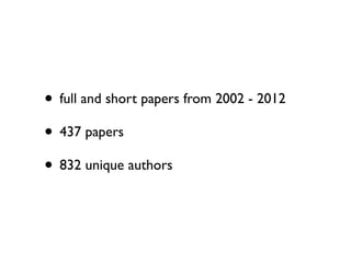 • full and short papers from 2002 - 2012
• 437 papers
• 832 unique authors
 