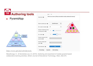 ■ PyramidApp
Authoring tools
https://www.upf.edu/web/tide/tools
Manathunga, K., & Hernández-Leo, D. (2018). Authoring and enactment of mobile pyramid-based
collaborative learning activities. British Journal of Educational Technology, 49(2), 262-275.
 