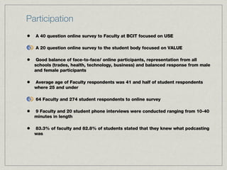 Participation A 40 question online survey to Faculty at BCIT focused on USE A 20 question online survey to the student body focused on VALUE Good balance of face-to-face/ online participants, representation from all schools (trades, health, technology, business) and balanced response from male and female participants Average age of Faculty respondents was 41 and half of student respondents where 25 and under 64 Faculty and 274 student respondents to online survey 9 Faculty and 20 student phone interviews were conducted ranging from 10-40 minutes in length 83.3% of faculty and 82.8% of students stated that they knew what podcasting was 