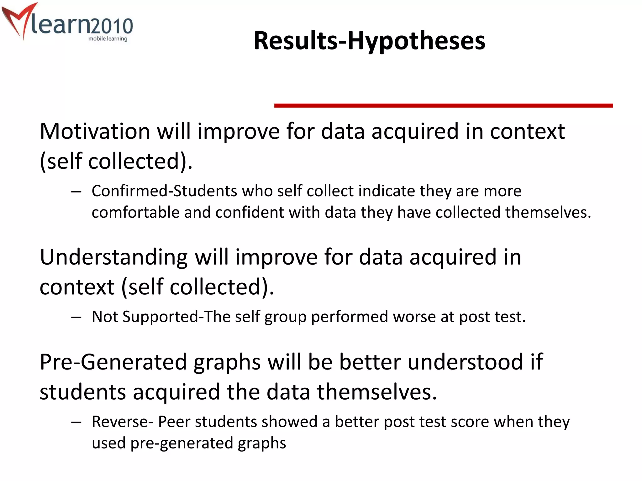 Results-Hypotheses
Motivation will improve for data acquired in context
(self collected).
– Confirmed-Students who self collect indicate they are more
comfortable and confident with data they have collected themselves.
Understanding will improve for data acquired in
context (self collected).
– Not Supported-The self group performed worse at post test.
Pre-Generated graphs will be better understood if
students acquired the data themselves.
– Reverse- Peer students showed a better post test score when they
used pre-generated graphs
 