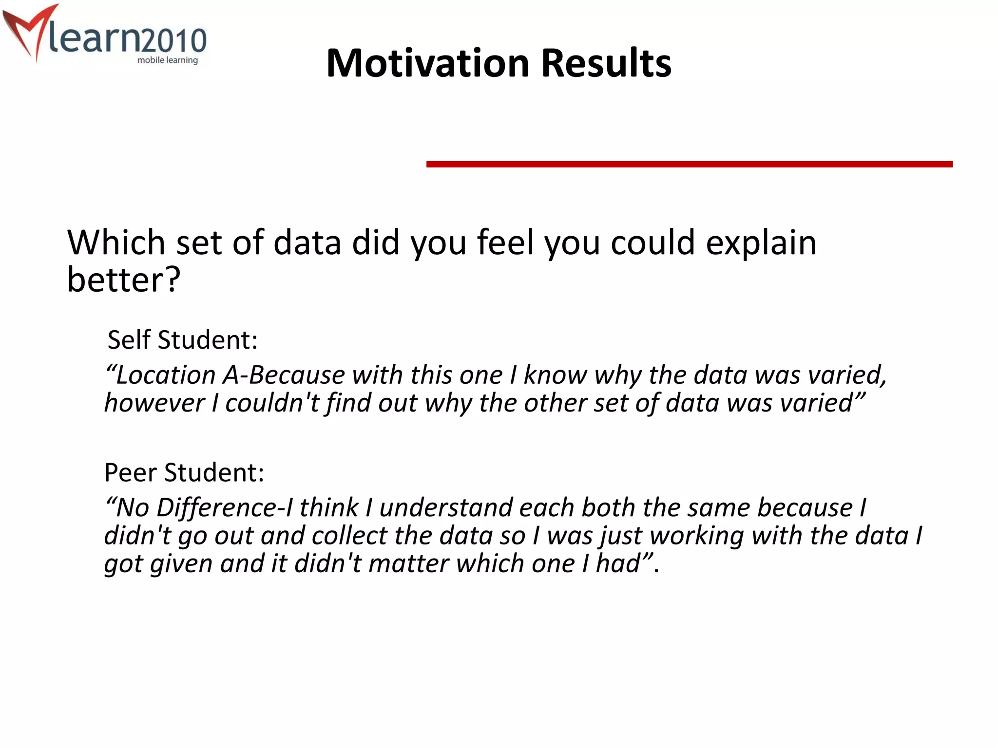 Motivation Results
Which set of data did you feel you could explain
better?
Self Student:
“Location A-Because with this one I know why the data was varied,
however I couldn't find out why the other set of data was varied”
Peer Student:
“No Difference-I think I understand each both the same because I
didn't go out and collect the data so I was just working with the data I
got given and it didn't matter which one I had”.
 
