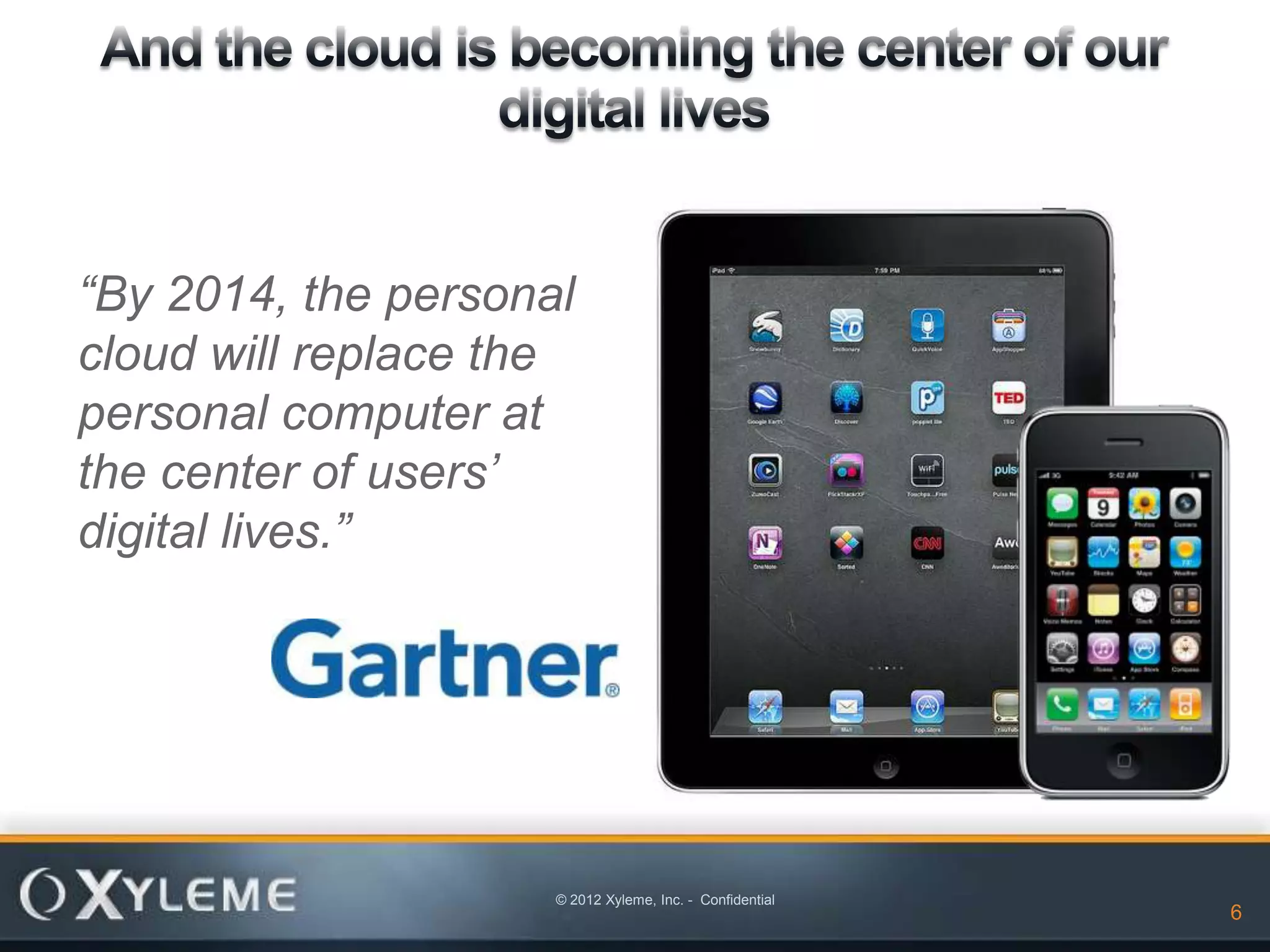 “By 2014, the personal
cloud will replace the
personal computer at
the center of users’
digital lives.”




                     © 2012 Xyleme, Inc. - Confidential
                                                          6
 